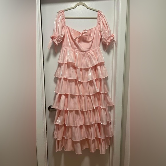 Pink ruffle tiered slit maxi dress - Picture 1 of 6